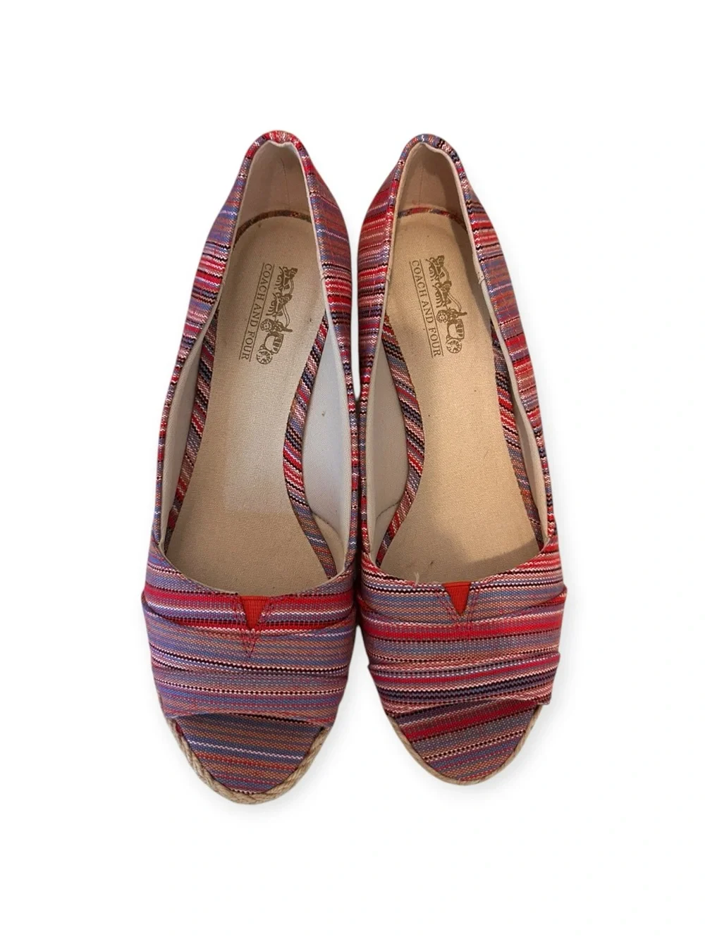 Coach and Four Red Multi-Striped Peep-Toe Wedges 6.5